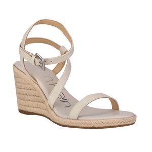 Calvin Klein Cream Espadrille Wedge Sandal with Ankle Straps